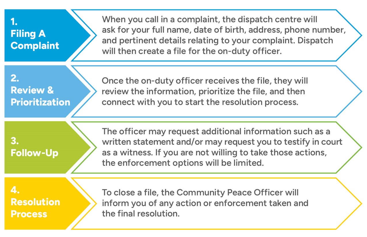 How to File a Bylaw Complaint infographic with colour-coordinated tabs.