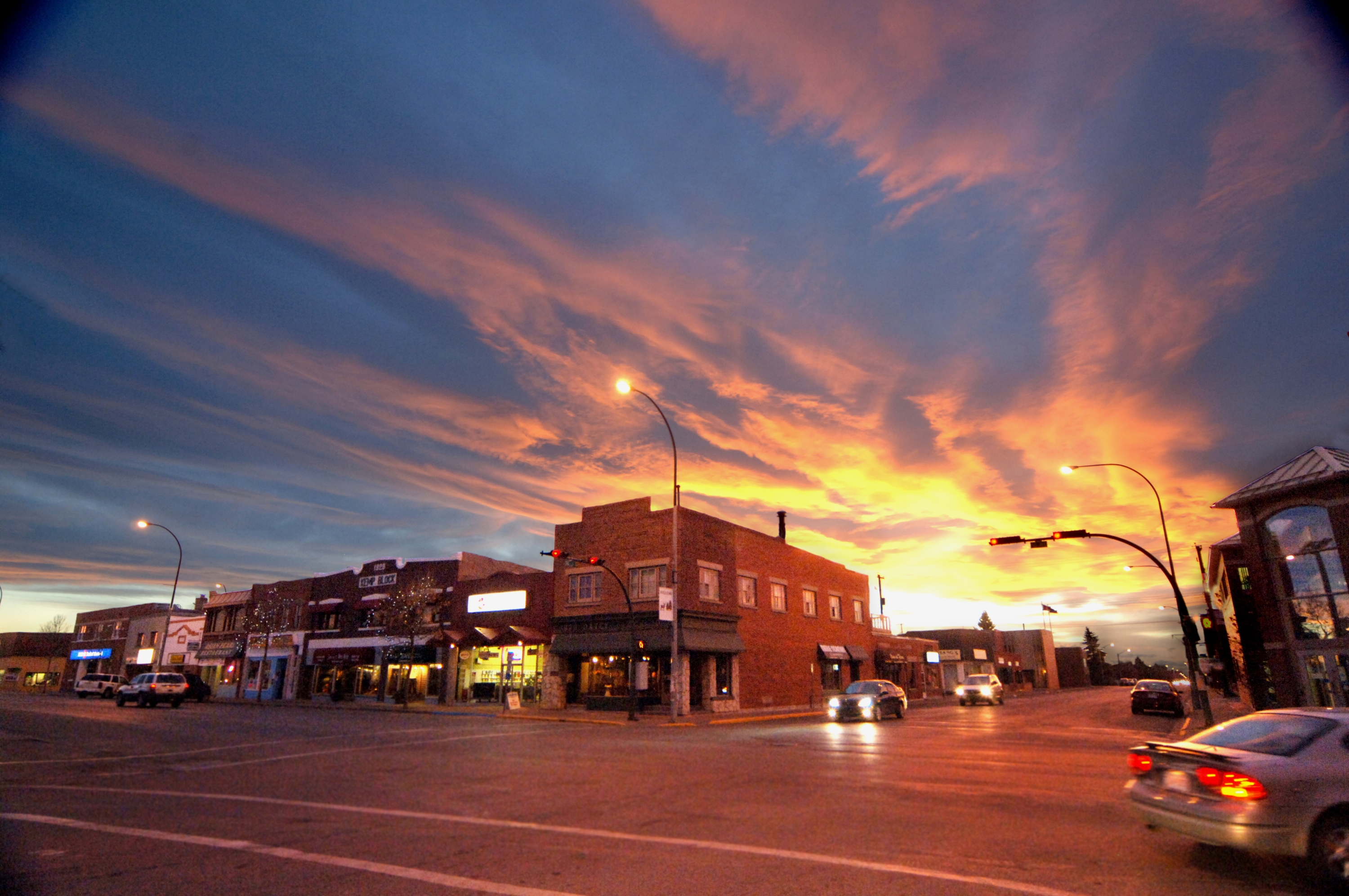 Uptowne Olds against beautiful sunset in Olds, Alberta